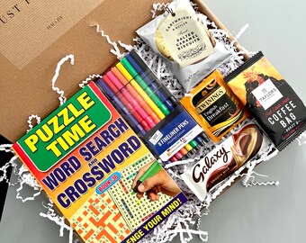 Puzzle book gift box, Self care gift, Relaxation gift, Puzzlers gift box,  Tea break puzzles, Letterbox gift, Treat box, Puzzle lover