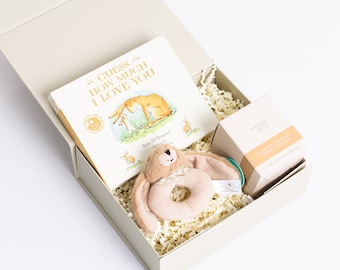 New Baby Gift Box, book, rattle candle set.
