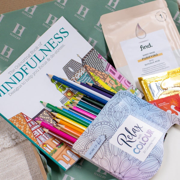 Self care gift box, Adult colouring book and pencil set, Relaxing gift box, De-stress and pamper box, Gift for friend, Calm gift, Thank you