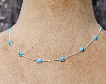 Turquoise Minimalist Necklace 925 Sterling Silver Necklace, Dainty Chain December Birthstone Crystal Necklace, Christmas Gift for her