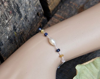Pulseira de prata esterlina 925 com pérolas e múltiplas safiras, joias de pérolas brancas naturais, pulseira de cristal de pedra de aniversário, presente para ela