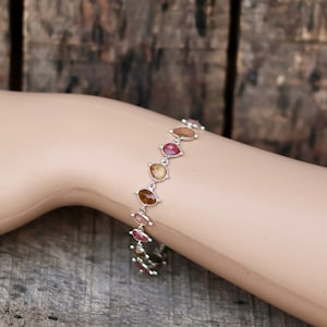 Natural Multi Tourmaline 925 Sterling Silver Bracelet Natural Tourmaline Jewelry October Birthstone Crystal Bracelet,   Gift for her