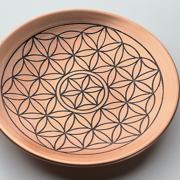 Copper Flower of Life Plate, Engraved Crystal charging Bowl, Crystal Grid, Sacred Geometry, Metaphysical