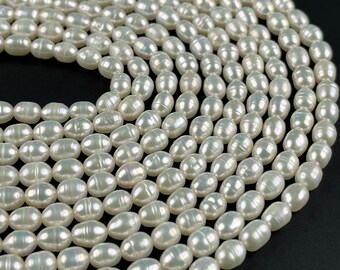 Fresh Water Pearls White Oval Rice Beads, AAA+ Quality, High Luster Pearls, 4.5×5mm, White Pearls, 15 Inches Strand
