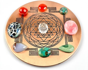 Copper Shri Yantra Engraved Crystal charging Plate, Crystal Grid, Shree Yantra, Metaphysical