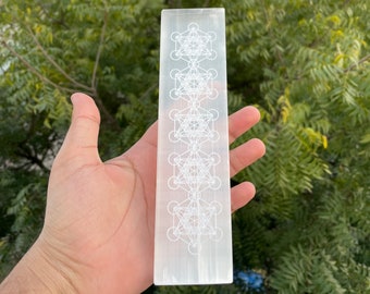 May include: A rectangular, translucent selenite crystal wand with etched geometric patterns. The wand is held in a hand against a backdrop of green foliage. The etched design features interconnected circles and lines.