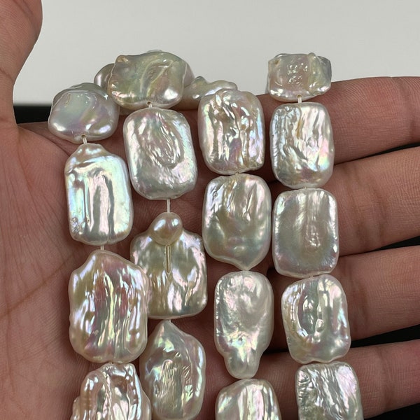 Perles d’eau douce naturelles de très haute qualité, perles Biwa rectangulaires blanches, 15-18 × 20-24 mm, perles AAA à lustre élevé, brin de 15 pouces