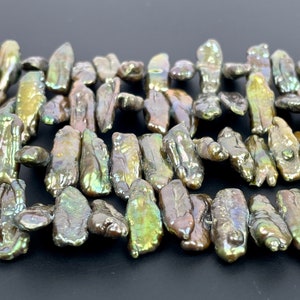 Natürliche Süßwasser Biwa Perlensticks, grüne Biwaperlen 8 × 20 mm-8.5 × 23mm, grüne Zuchtperlen, hochwertige Perlen, 16 &quot;Strang