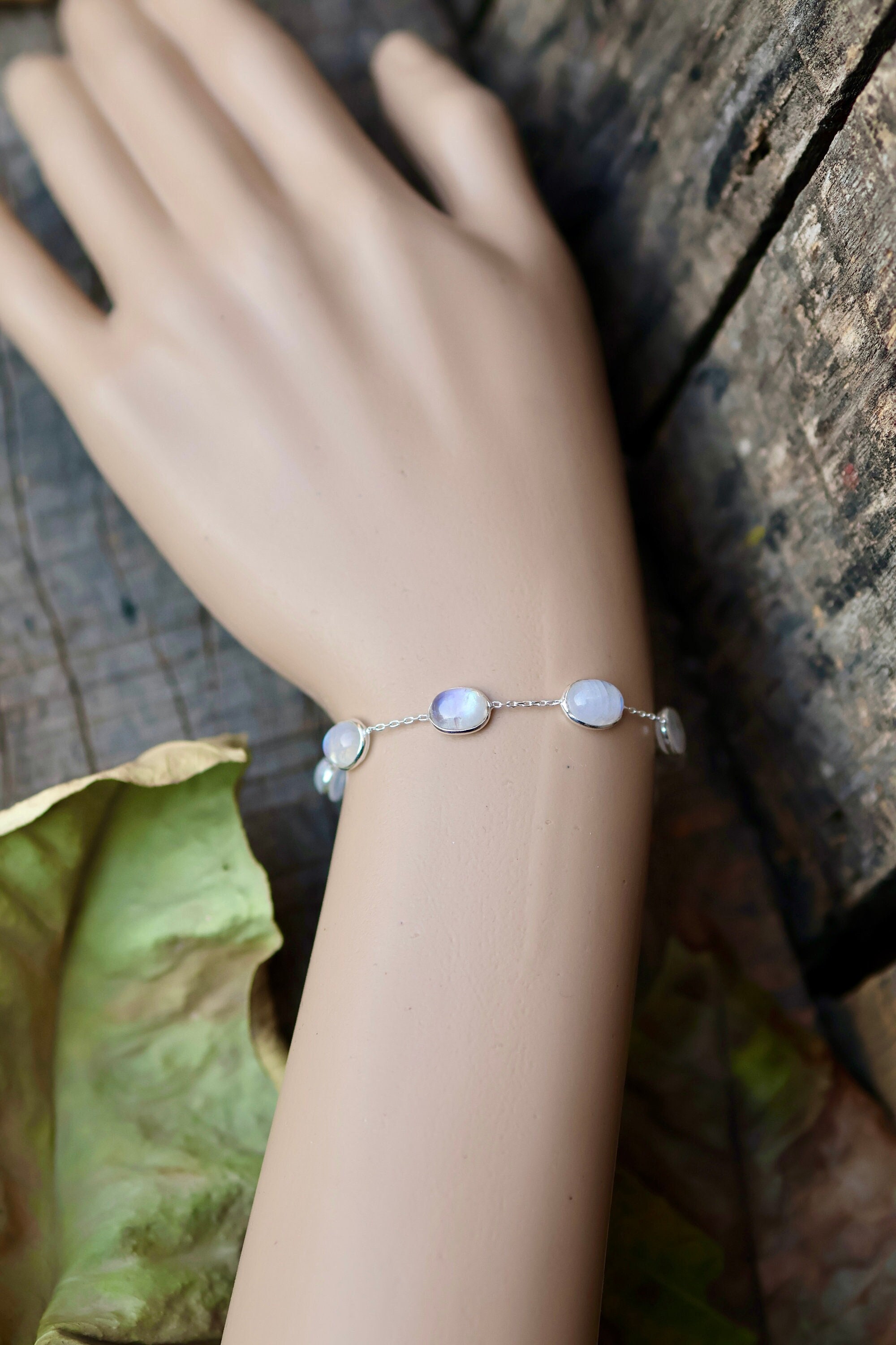 Rainbow Moonstone Bracelet 925 Sterling Silver Bracelet Natural
