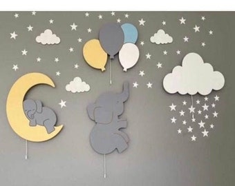 Custom Set of 4 Nursery Wall Lamp, Wall Nursery Light Decor, Name on Cloud Lamp, Elephant, Moon and Balloons Light Set, Gift for Newborn