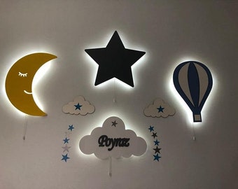 Set of 4 Nursery Wall Light, Customized Nursery Lighting, Name on Cloud Led Light, Moon Wall Light, Hot Air Balloon Light, Star Wall Light