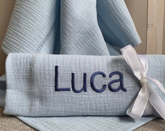 SALE!! Swaddle with baby&#39;s name. Unique maternity gift embroidered hydrophilic cloth
