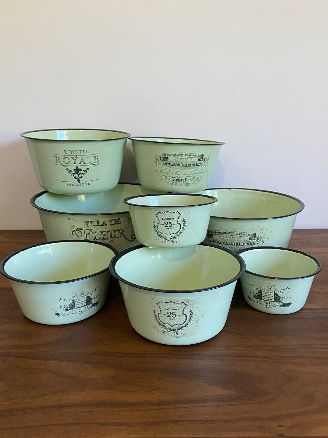 Set of 8 French Country Decorative Enamelware Nesting Bowls Etsy