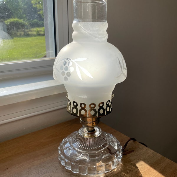 Vintage 10.5” Glass Electic Lamp with Etched Hurricane Shade