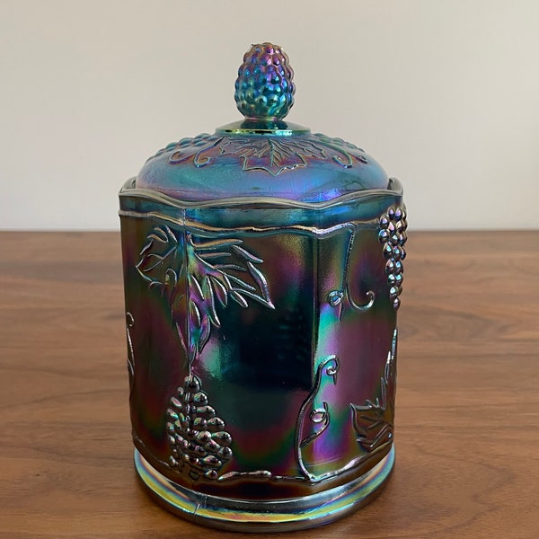 Indiana Blue Iridescent Carnival Glass Harvest Grape Covered Canister Candy Jar