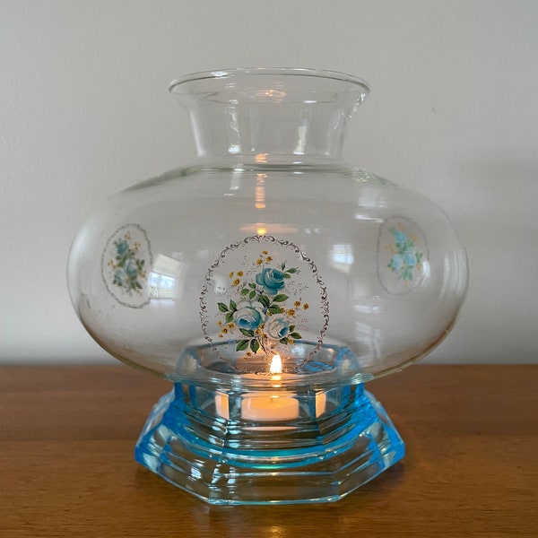 Vintage Blue Glass Fairy Lamp with Floral Glass Shade
