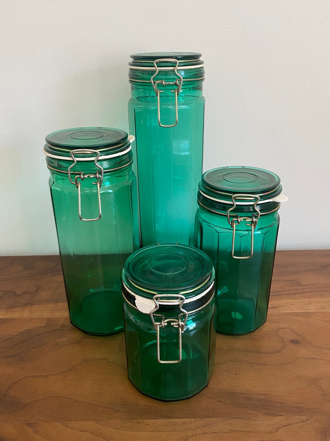 Vintage Green Teal Glass Canisters/jars With Wire Bale Closures Set of