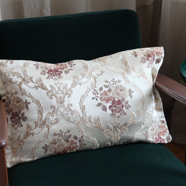 Floral Paisley Satin Lumbar Pillowcase, 13x25 Lumbar Pillow Cover, Chenille Throw Pillow, Lux Textured Pillow for Home Decor