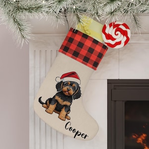 Può includere: Una calza di Natale con un polsino a quadri rossi e neri. La calza presenta un'illustrazione a cartoni animati di un cane con un cappello di Babbo Natale, con il nome "Cooper" stampato sotto. È attaccata una lecca-lecca rossa e bianca.