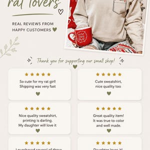 May include: Beige sweatshirt with a pocket featuring a rat graphic. The image includes a red mug and text that reads "Loved by rat lovers" and customer reviews. The design is "Designed with love for rat lovers."