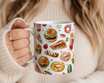Fast Food Mug | Foodie Coffee Mug | Burger, Pizza & Fries Pattern | Food Lover Gift