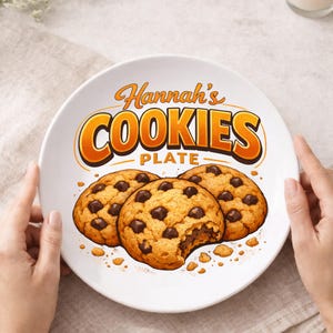 以下が含まれることがあります： オレンジと黄色の「Hannah's COOKIES PLATE」の文字が入った白いセラミックプレート。チョコレートチップクッキーが3つ描かれており、そのうち1つは一口食べられています。プレートは両手で持たれています。