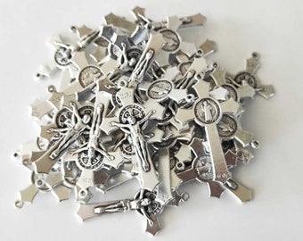 LOT SET 10,20,30,50,100 St Saint Benedict Crucifix Cross Silver Tone Rosary Pendant 1.5 inc