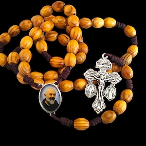 Saint Padre Pio ROSARY NECKLACE Pardon cross St Benedict medals Miraculous medal Beads Olive Wood Gift