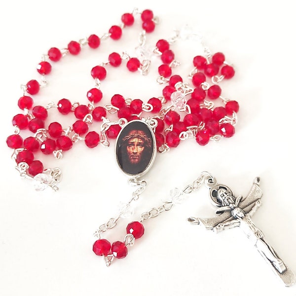 Precious Blood of Christ Chaplet Rosary CRYSTAL Beads Handmade Holy Face 24"