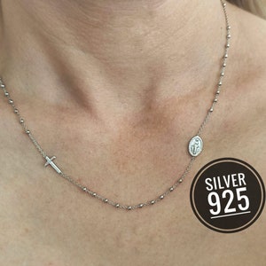 Miraculous Medal Rosary necklace in Sterling Silver 925, Virgin Mary necklace,  Rosary Necklace, Beaded Necklace, cross necklace