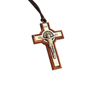 St Saint Benedict Crucifix 2.3inch Cross Olive Wood Catholic Pendant Necklace