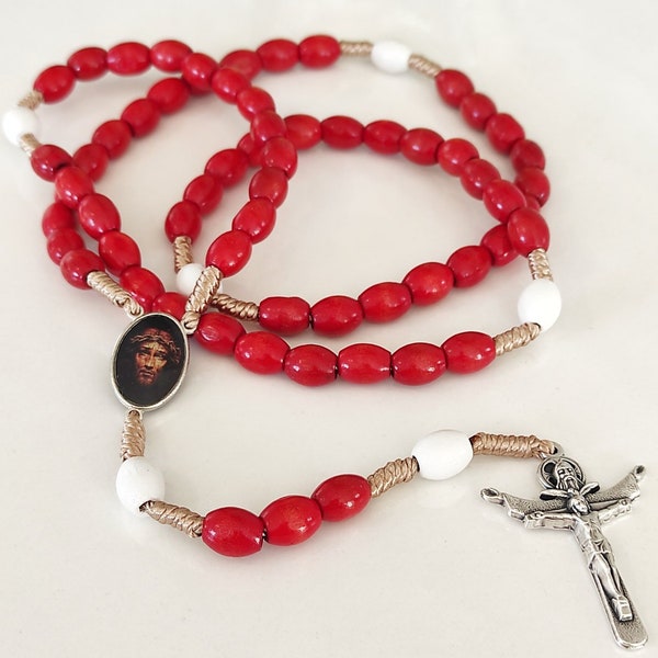 Precious Blood of Christ Chaplet Rosary Wood Beads Handmade Holy Face 21"