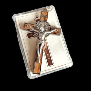 St Saint Benedict Olive Wood Metal Crucifix Cross Christian Pendant Necklace 3&#39;&#39;