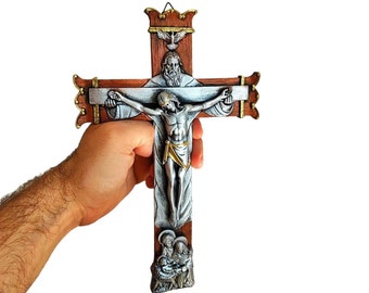 Cruz colgante de pared Plata Santísima Trinidad Padre Hijo Espíritu Santo crucifijo Sagrada Familia Cruz 11Inc