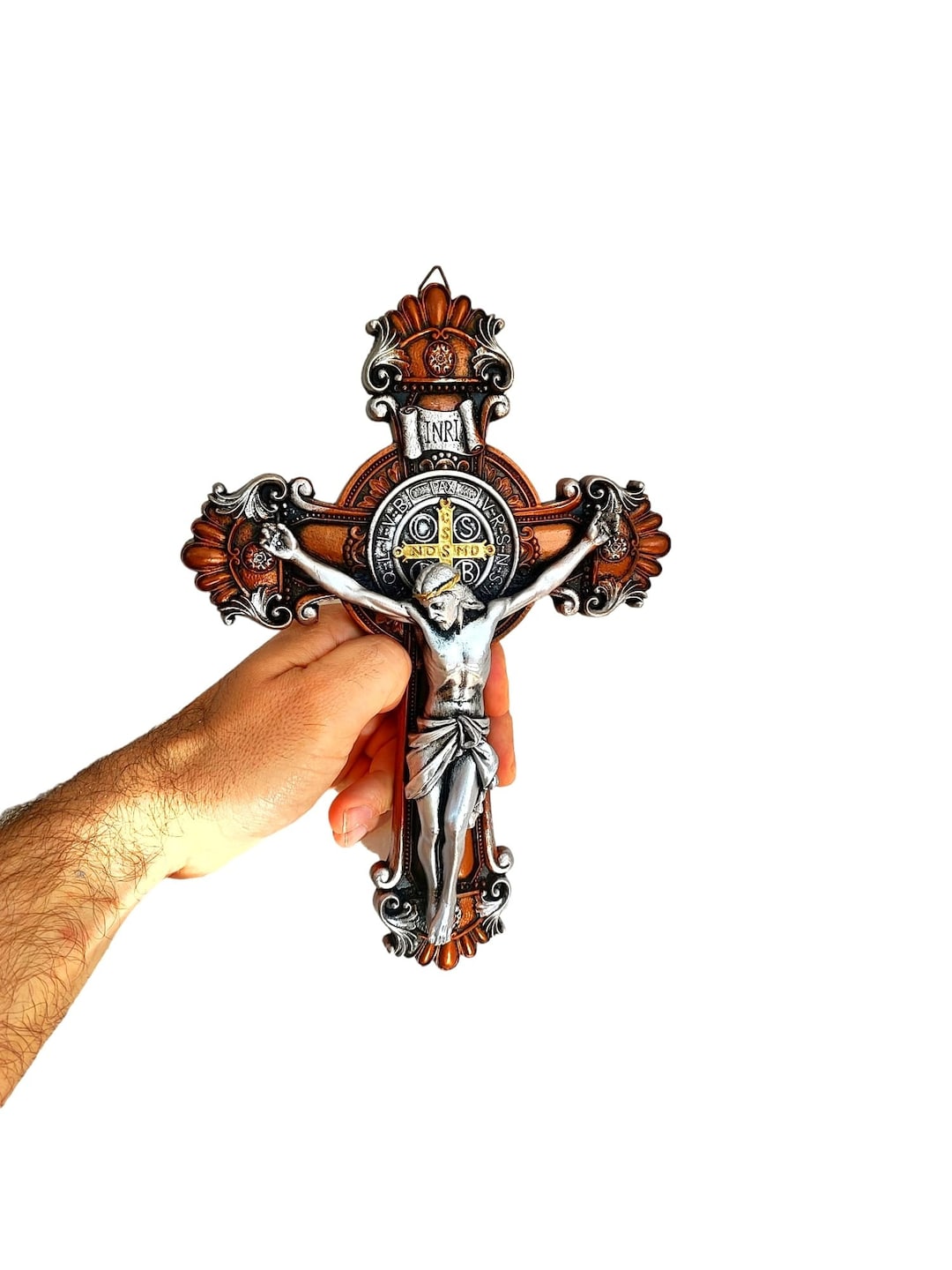 St. Saint Benedict Wall Hanging Cross Silver Crucifix Etsy