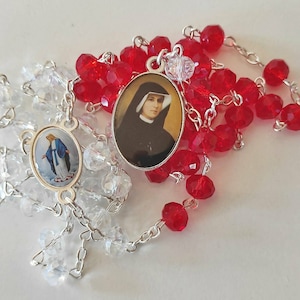 Divine Mercy Chaplet Rosary: Red & White Crystal Beads, St. Faustina Medal