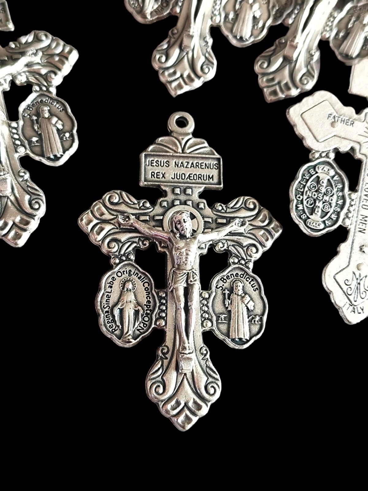 Italian Silver Tone Pardon Crucifix Cross - Rosary Pendant (1.70 inch)