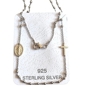 Miraculous Medal Rosary necklace in Sterling Silver 925, Virgin Mary necklace,  Rosary Necklace, Beaded Necklace, cross necklace