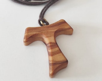 Tau Cross OLIVE WOOD necklace with Cord - St Francis Gift