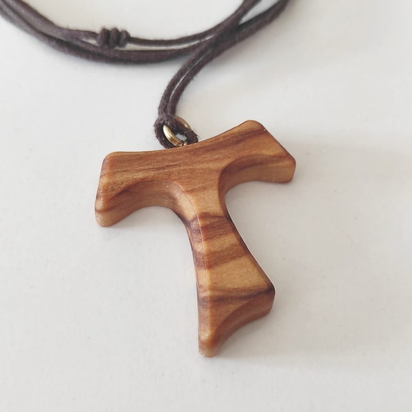 Tau Cross OLIVE WOOD necklace with Cord - St Francis Gift