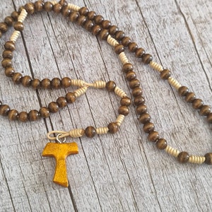 ROSARY Franciscan  Rosary Decade Tau cross Wood Beads 7 Decade