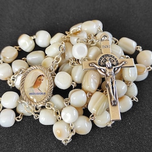 Rosário de madrepérola, rosário de concha, rosário de pérola branca Rosários Medjugorje Cruz de São Bento Presente Joias religiosas