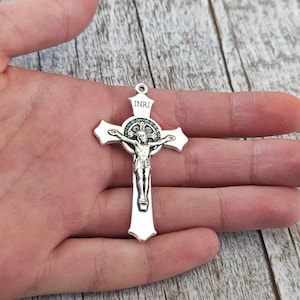 St Benedict Crucifix Cross: Silver Tone Rosary Pendant (2 Inch)