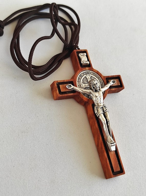 Olive Wood St. Benedict Crucifix Necklace - 1.8 Inch Cross Pendant With Rope Chain, Men & Women Religious Gift