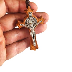 St Saint Benedict Crucifix Cross Olive Wood Catholic Pendant Necklace 3 inc