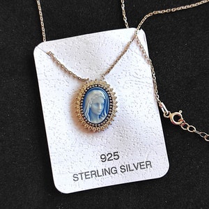 Sterling Silver Virgin Mary Pendant: Blue Agate Cameo Medal