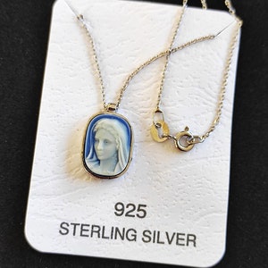 Sterling Silver Virgin Mary Cameo Pendant Necklace - Blue Agate Medal