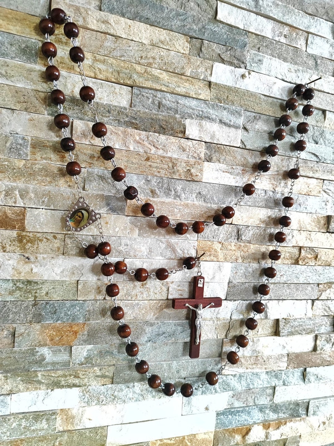 Wall ROSARY Big Beads Rosario Natural Wood Jesus Our Lady Cross XL