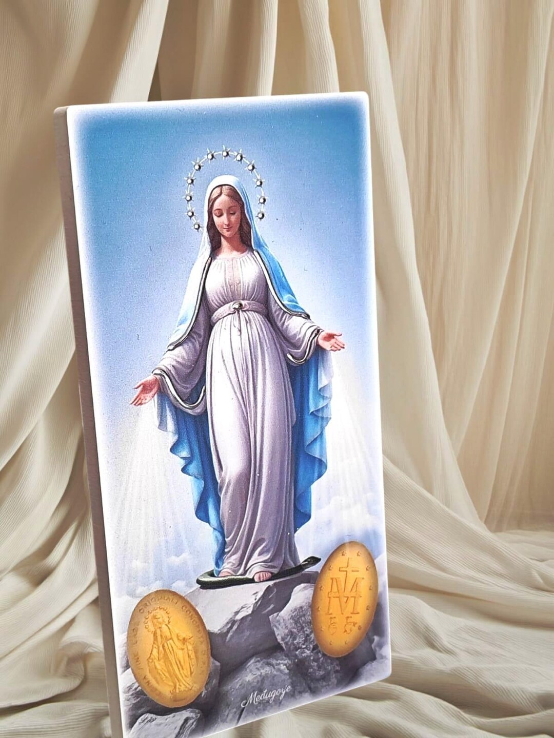 925 Silver MIRACULOUS Virgin Mary Medals Picture Statue Our Lady Statue ...