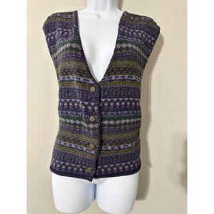 ALPS Ärmellose Pulli Weste Damen XL Lila Grün Fair Isle Stricken Button Up